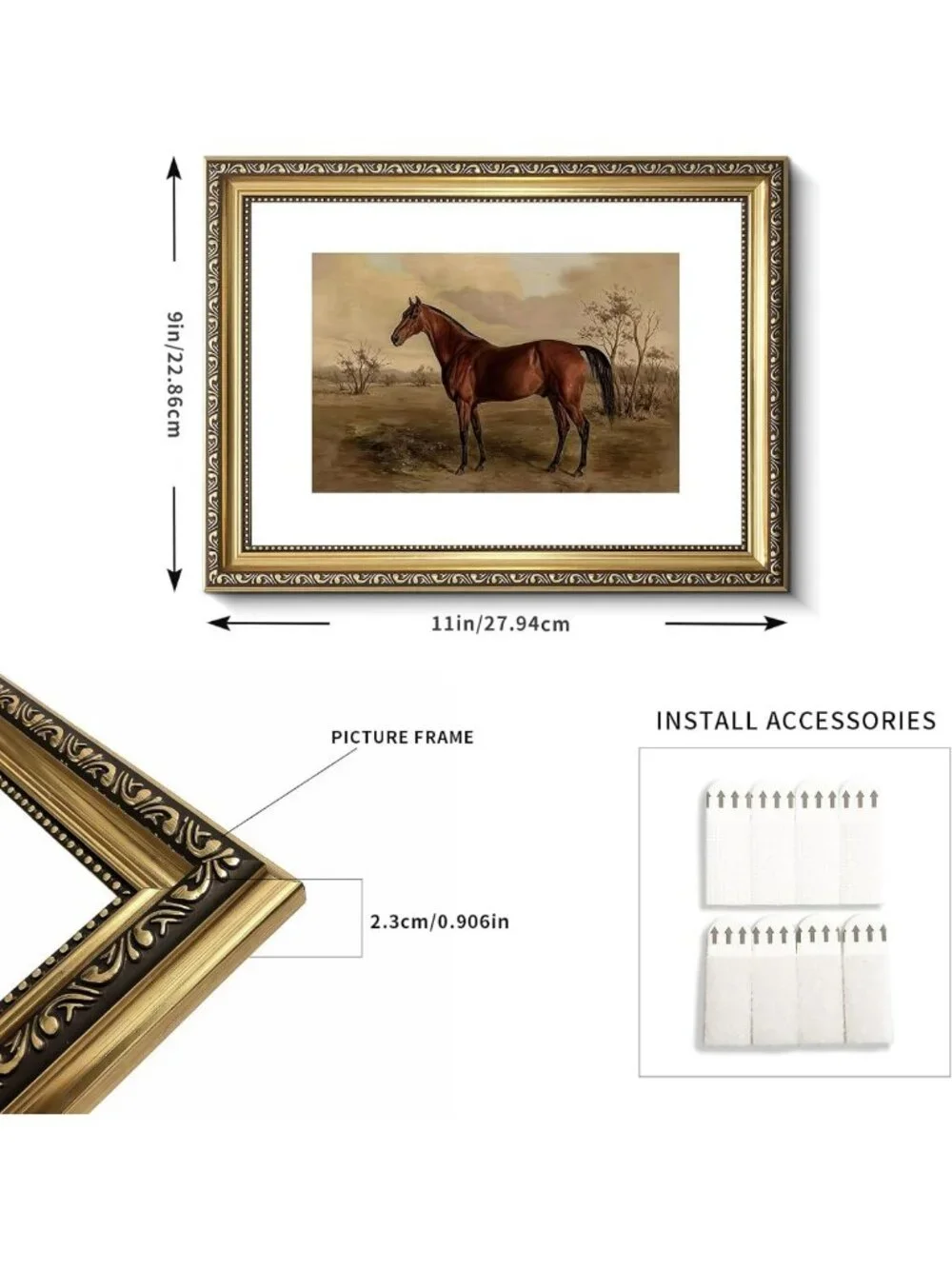 Vintage Two-Tone Gold Framed Majestic Brown Horse Canvas Wall Art, Ready to
